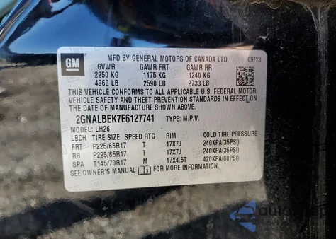 2014 Chevrolet Equinox Lt z USA, uszkodzony, nr VIN 2GNALBEK7E6127741